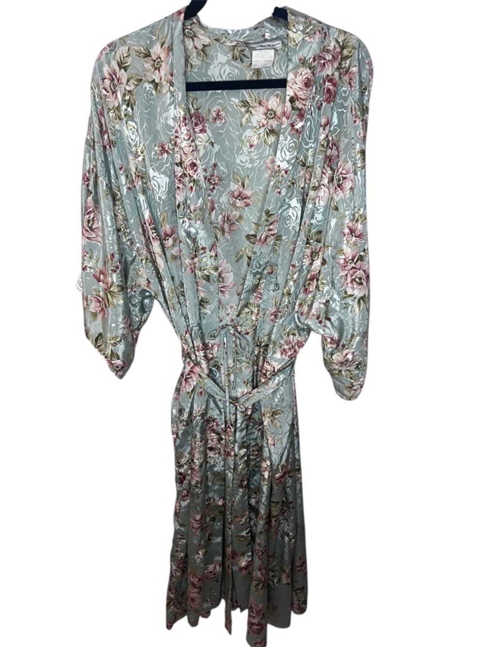 August Max Floral Satin Robe in Dusty Blue and Pink